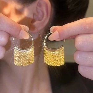NEW Beautiful Gold Fringe Hoop Earrings